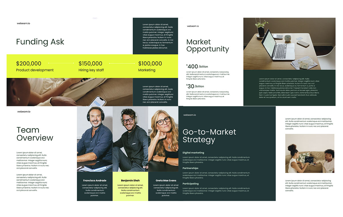 Investor deck — one idea per slide